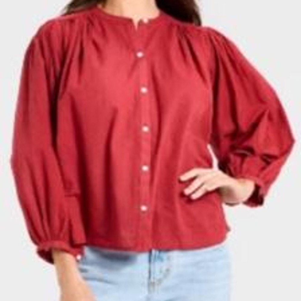 Universal Thread Women's Puff Long Sleeve Banded Collar Neck Blouse